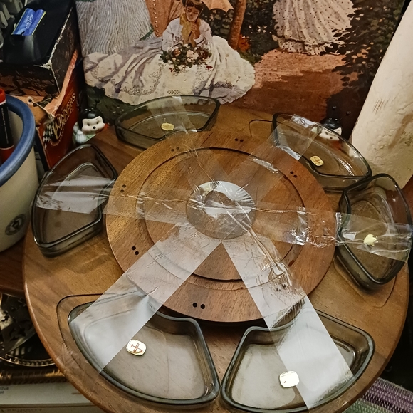 πͺ΅HIGHEND Japan Made Lazy Susan Serving Tray Vintage Heavy Wood&Glass Turnstile. - Picture 6 of 8